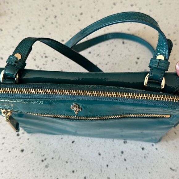 COLE HAAN JITNEY Teal Green Patent Leather Shoulder Purse Top Zip Travel Bag EUC - Picture 5 of 16